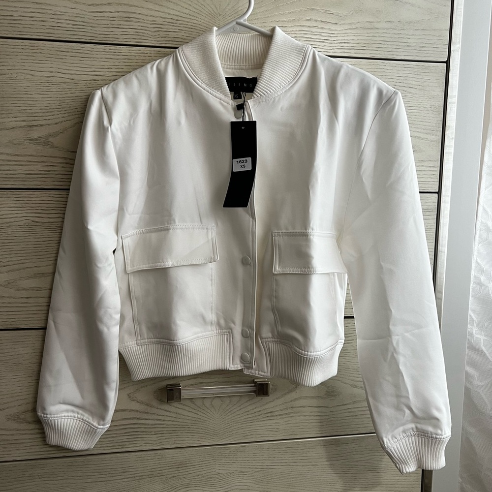 EGO SHOES BUTTON FRONT POCKET DETAIL BOMBER JACKET IN WHITE WOVEN